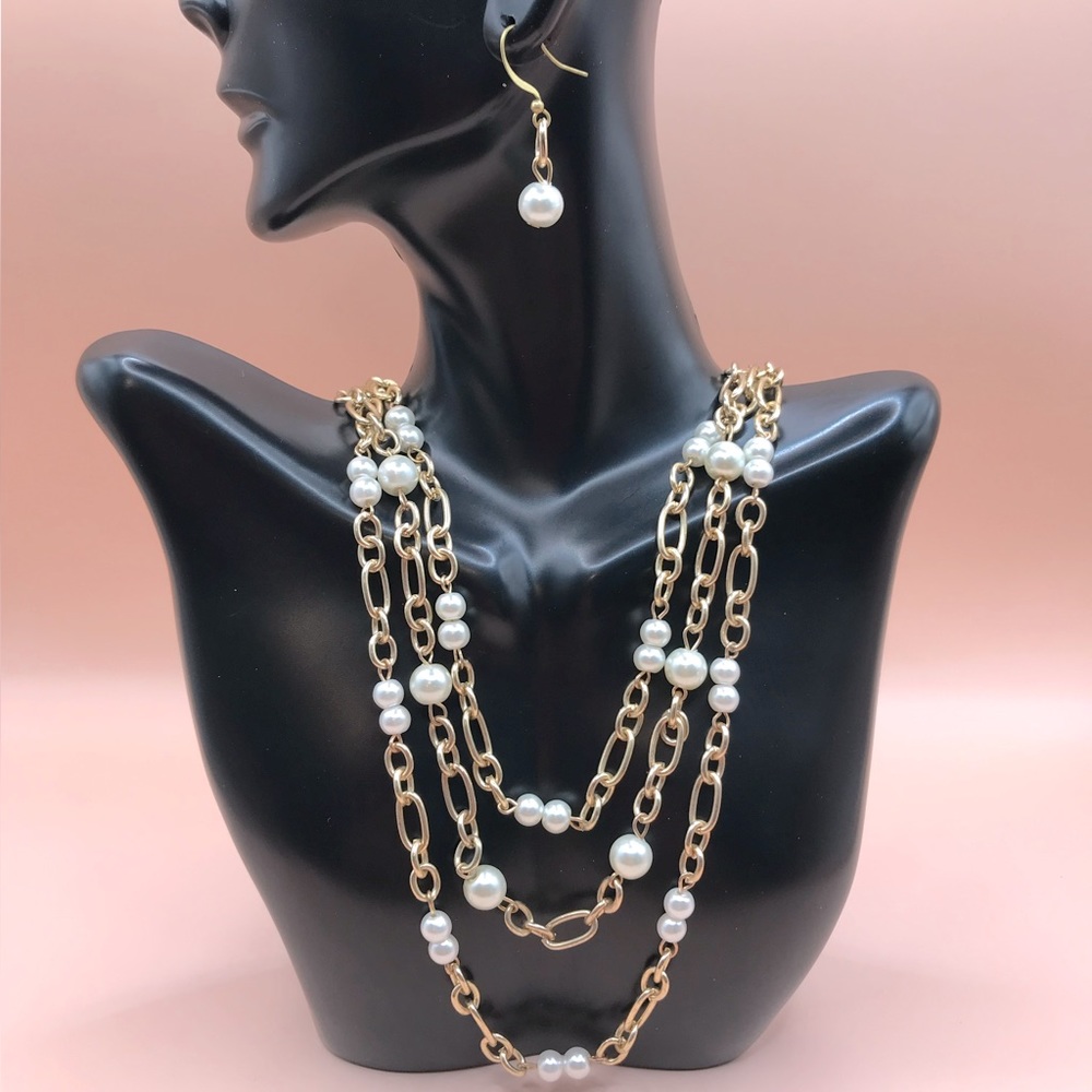 Signature NYC Gold-Tone and Faux Pearl Necklace and Earring Set